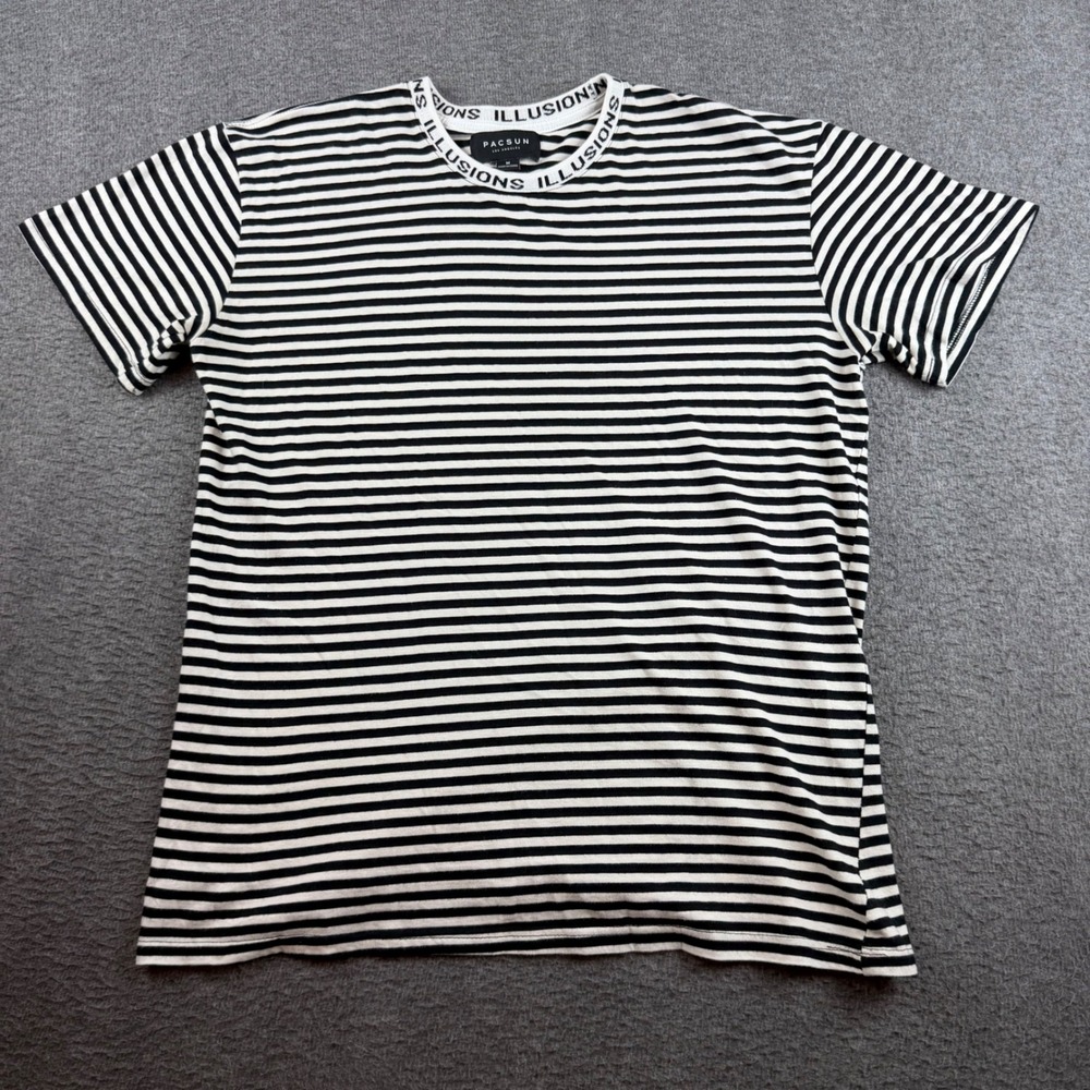 PacSun T-Shirt Men's Medium Black White Striped Illusions Graphic Neck Tee